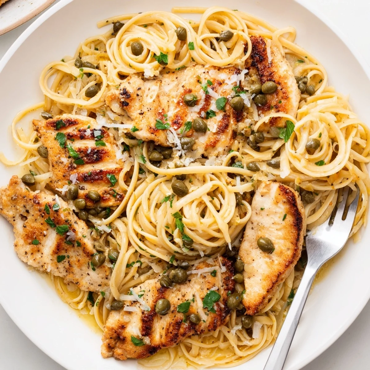 Creamy chicken piccata pasta featuring tender cutlets draped over linguine in a white wine lemon reduction