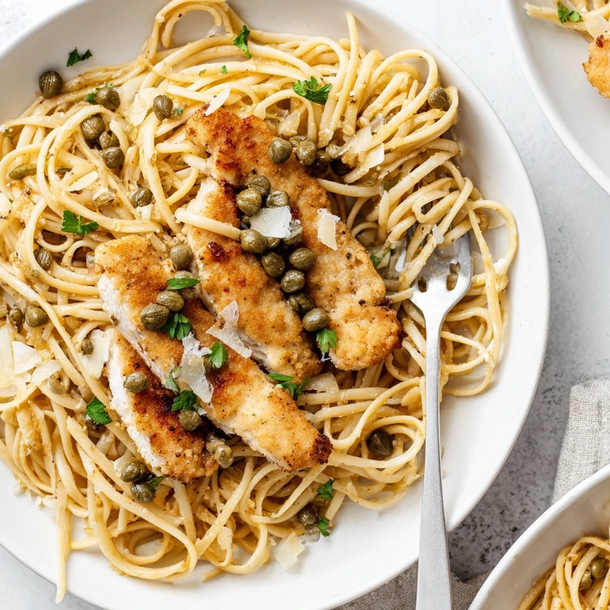 Steaming bowl of chicken piccata pasta with parmesan shavings and capers sprinkled over zesty sauce