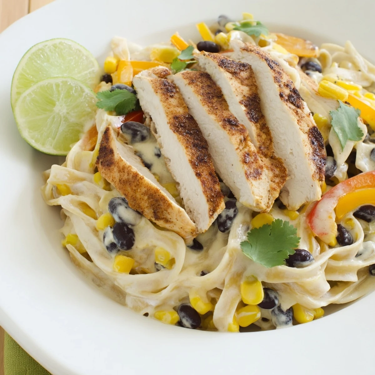 Creamy Southwest Chicken Alfredo pasta topped with sliced spiced chicken and colorful bell peppers