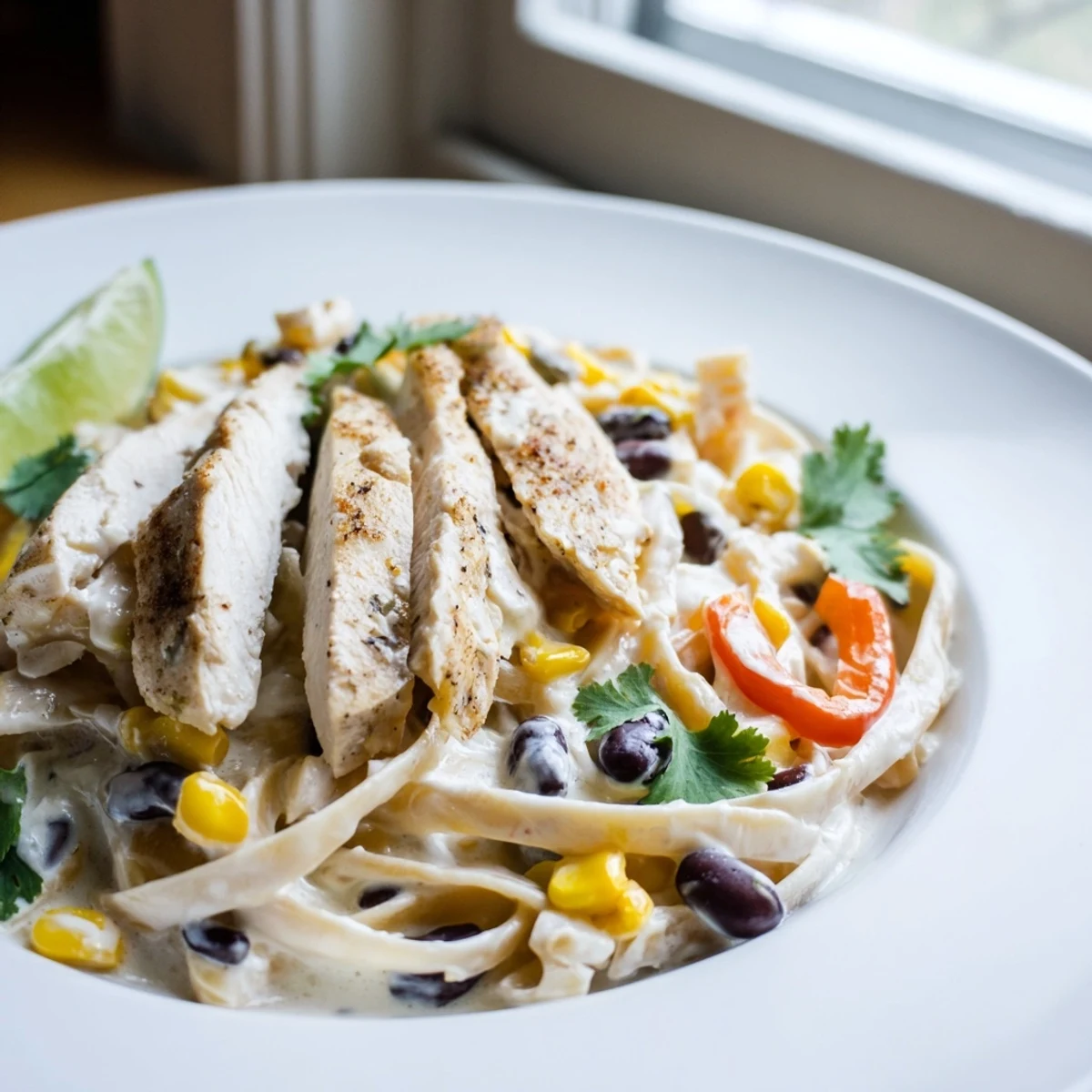 Bowl of zesty Southwest Chicken Alfredo tossed with black beans, corn, and tender chicken strips