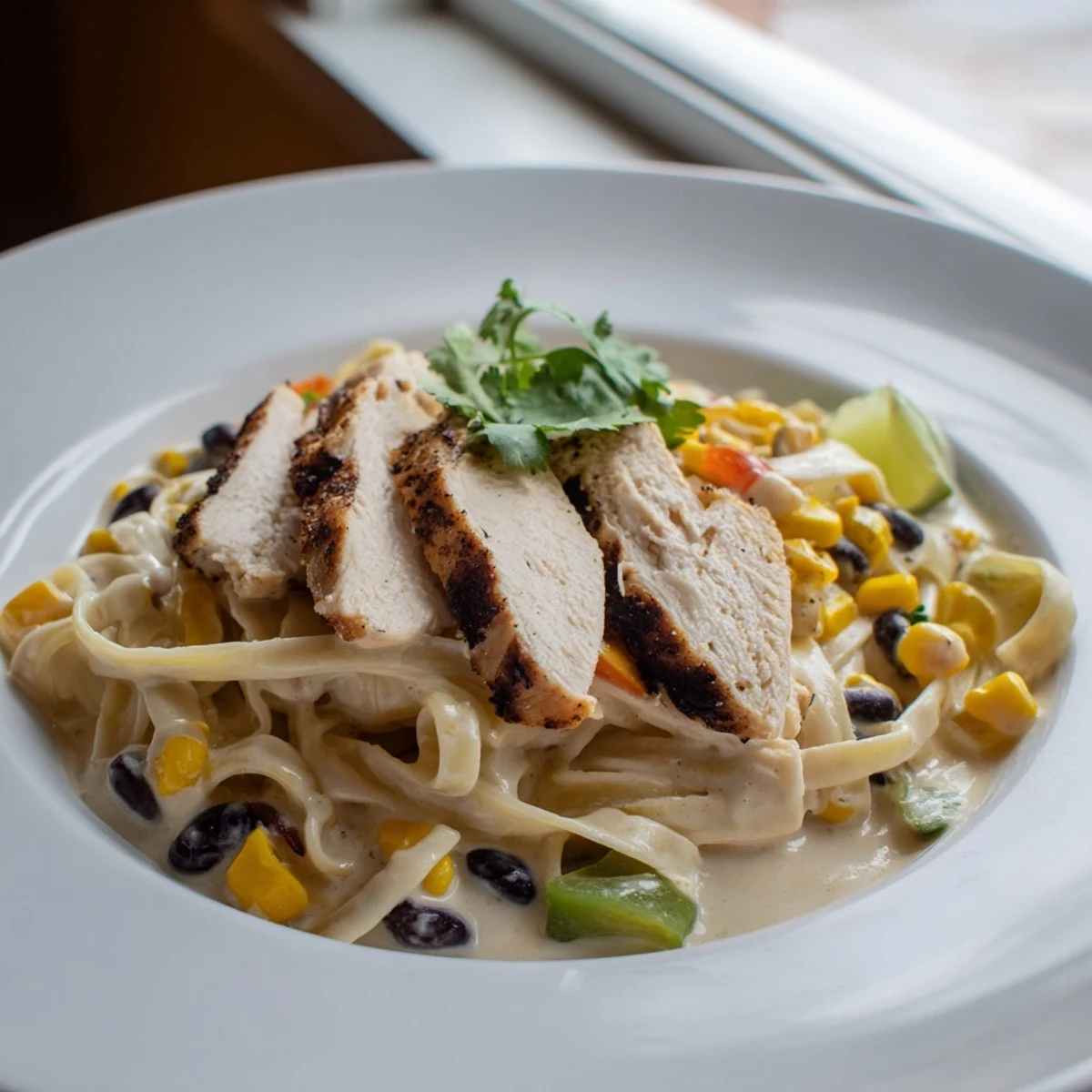 Rich Alfredo pasta dish featuring seasoned chicken breast, red peppers, and cilantro garnish