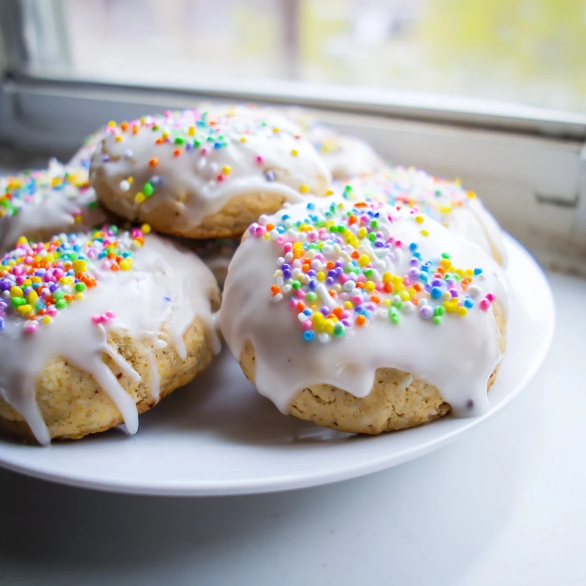 Soft Italian Easter cookies topped with pastel vanilla glaze and rainbow sprinkles