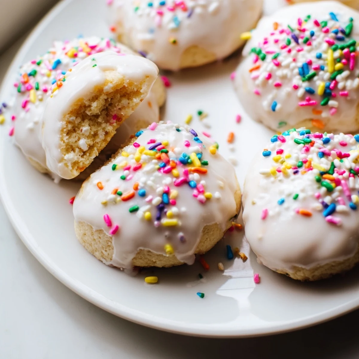 Citrus glazed Italian Easter cookies arranged on festive platter with vibrant sprinkles