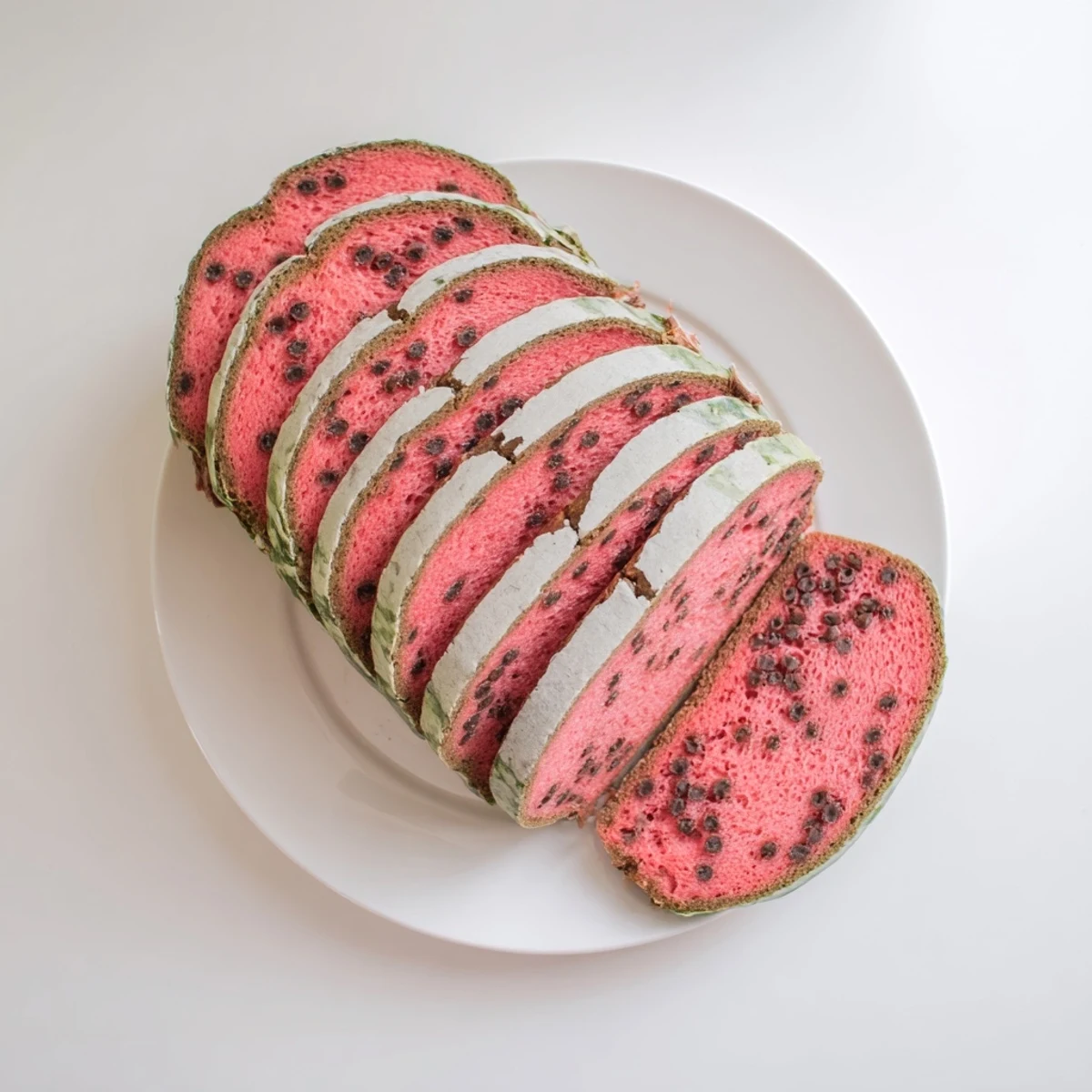 Freshly baked watermelon bread loaf sliced to reveal vibrant green rind and pink crumb speckled with chocolate chips