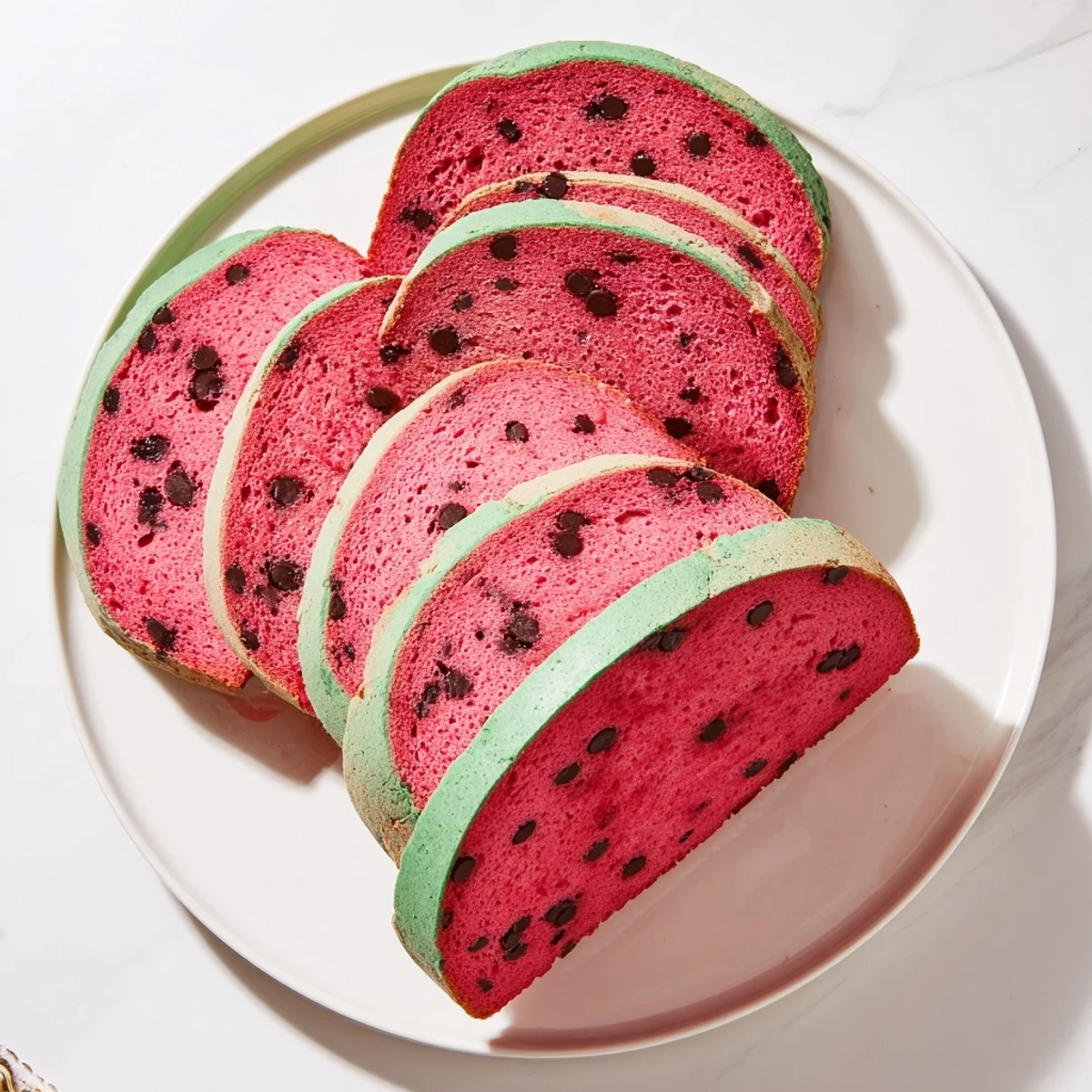 Homemade watermelon bread showing cross section of layered green white and pink swirled dough with chocolate chips