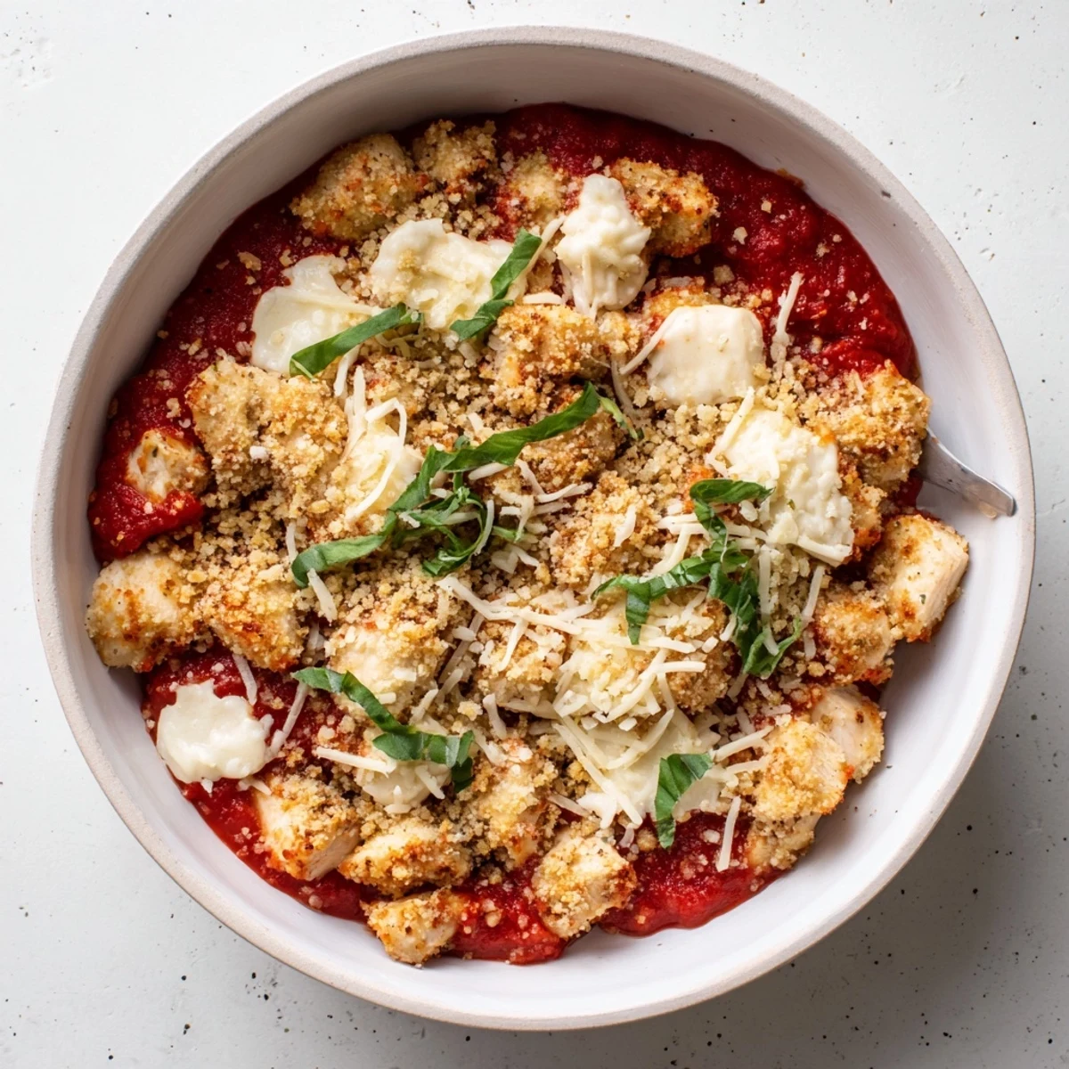High protein chicken parm cottage cheese bowl topped with melted mozzarella and crispy golden panko breadcrumbs