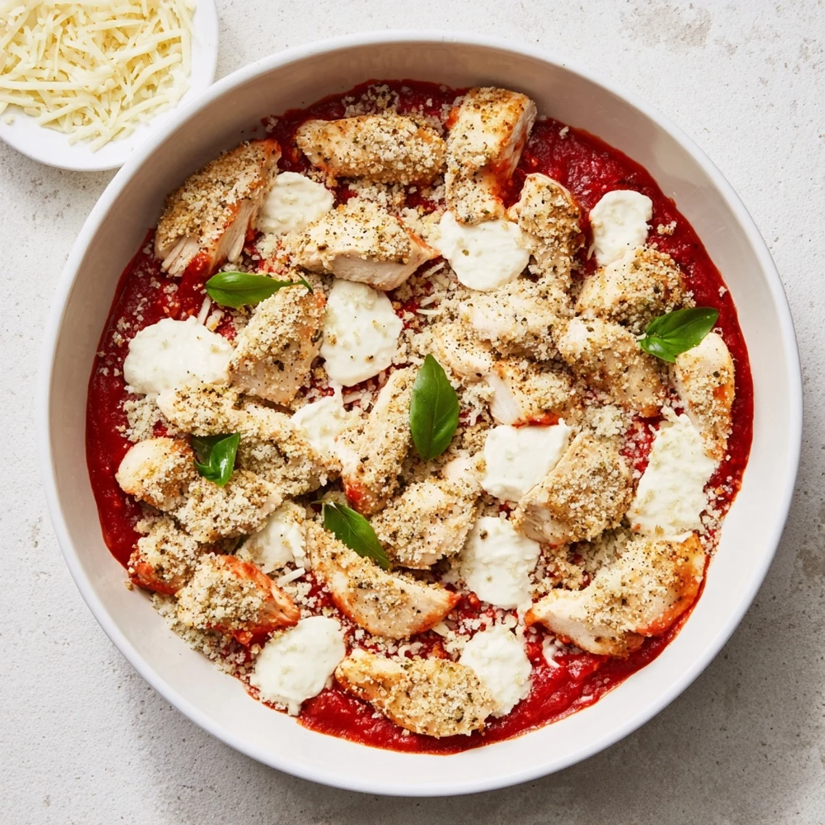 Steaming bowl of chicken parmesan cottage cheese with zesty marinara and fresh green basil garnish