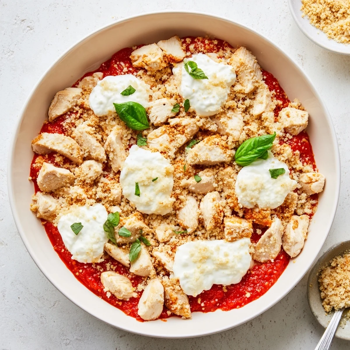 Golden brown chicken breast in cottage cheese bowl with bubbly cheese and toasted breadcrumb topping