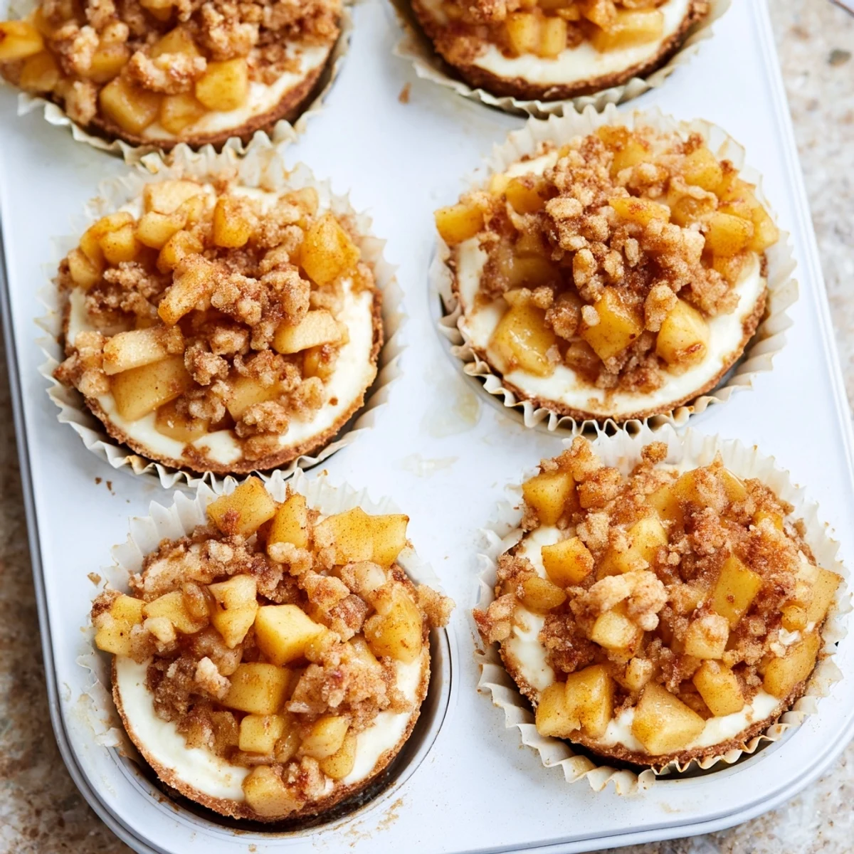 Golden apple crisp mini cheesecakes topped with warm cinnamon spiced apples and buttery oat crumble on graham cracker crusts