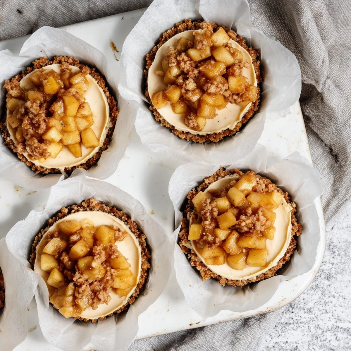 Creamy mini cheesecakes crowned with tender caramelized apple crisp topping in individual paper lined muffin cups