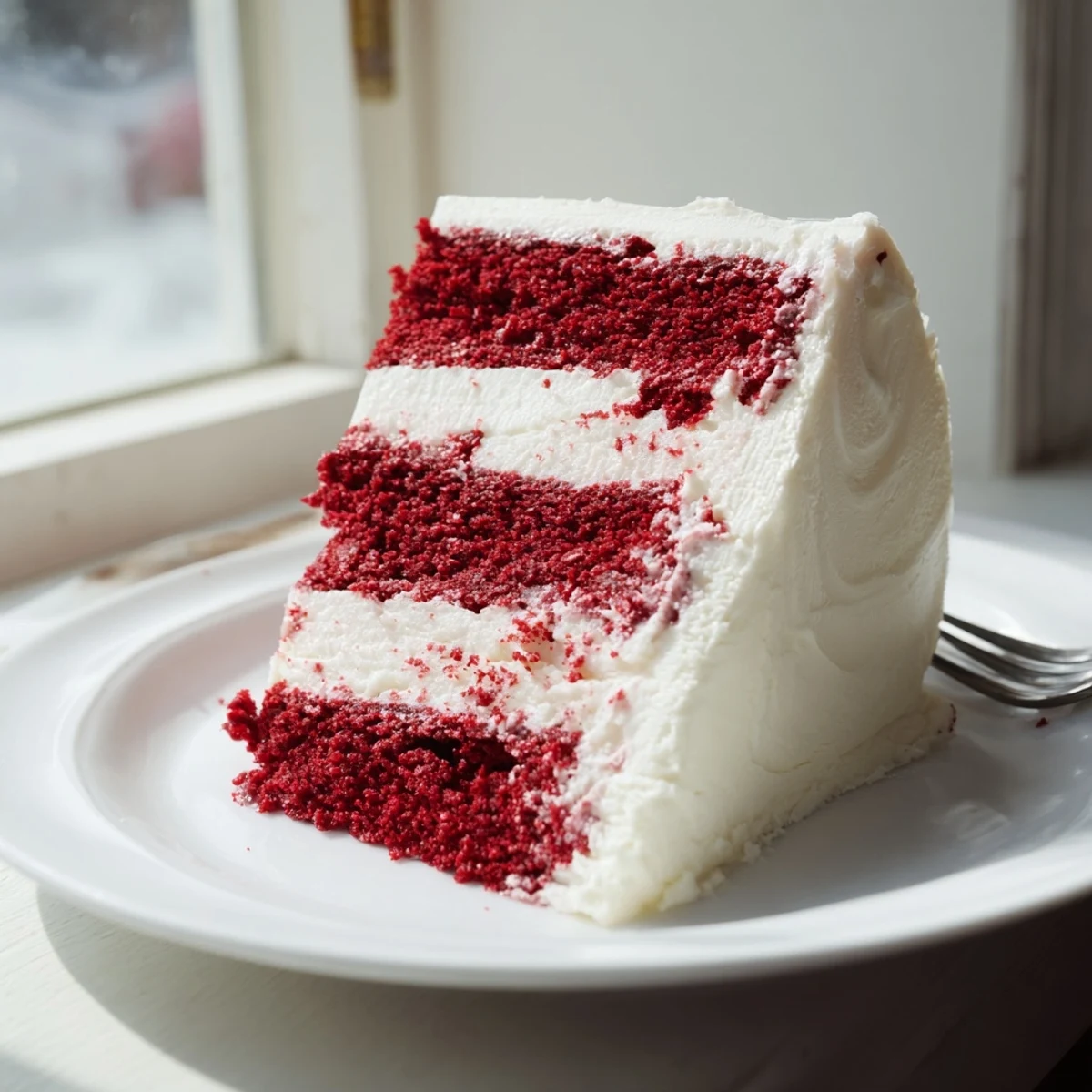 Layered red velvet cake recipe topped with creamy white frosting for celebrations