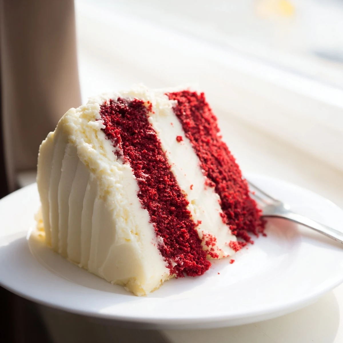 Sliced red velvet cake recipe showing tender red crumbs and smooth buttercream swirls