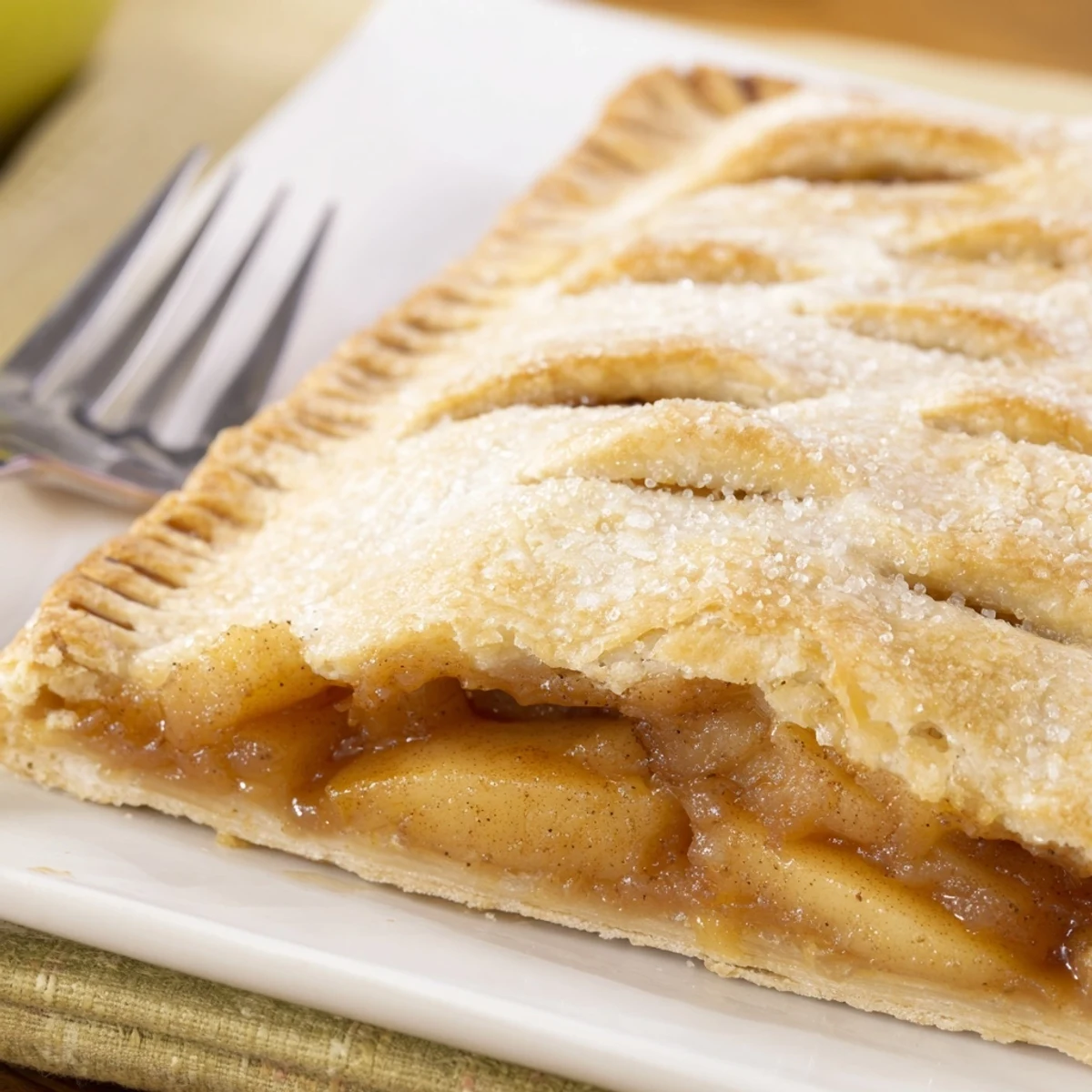 Golden apple slab pie with spiced filling bubbling through flaky pastry crust edges