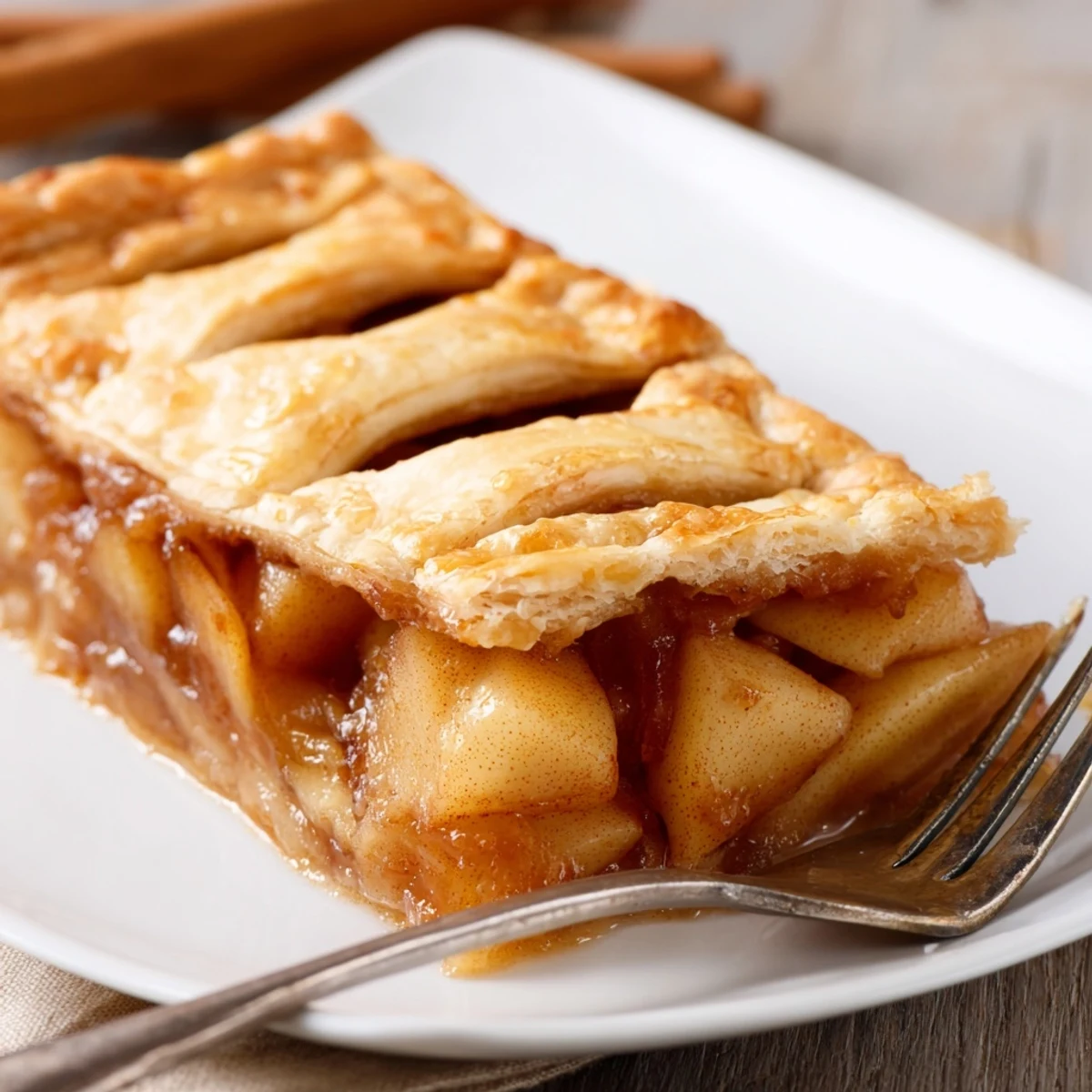 Rustic rectangular apple slab pie sliced into squares with cinnamon sugar topping