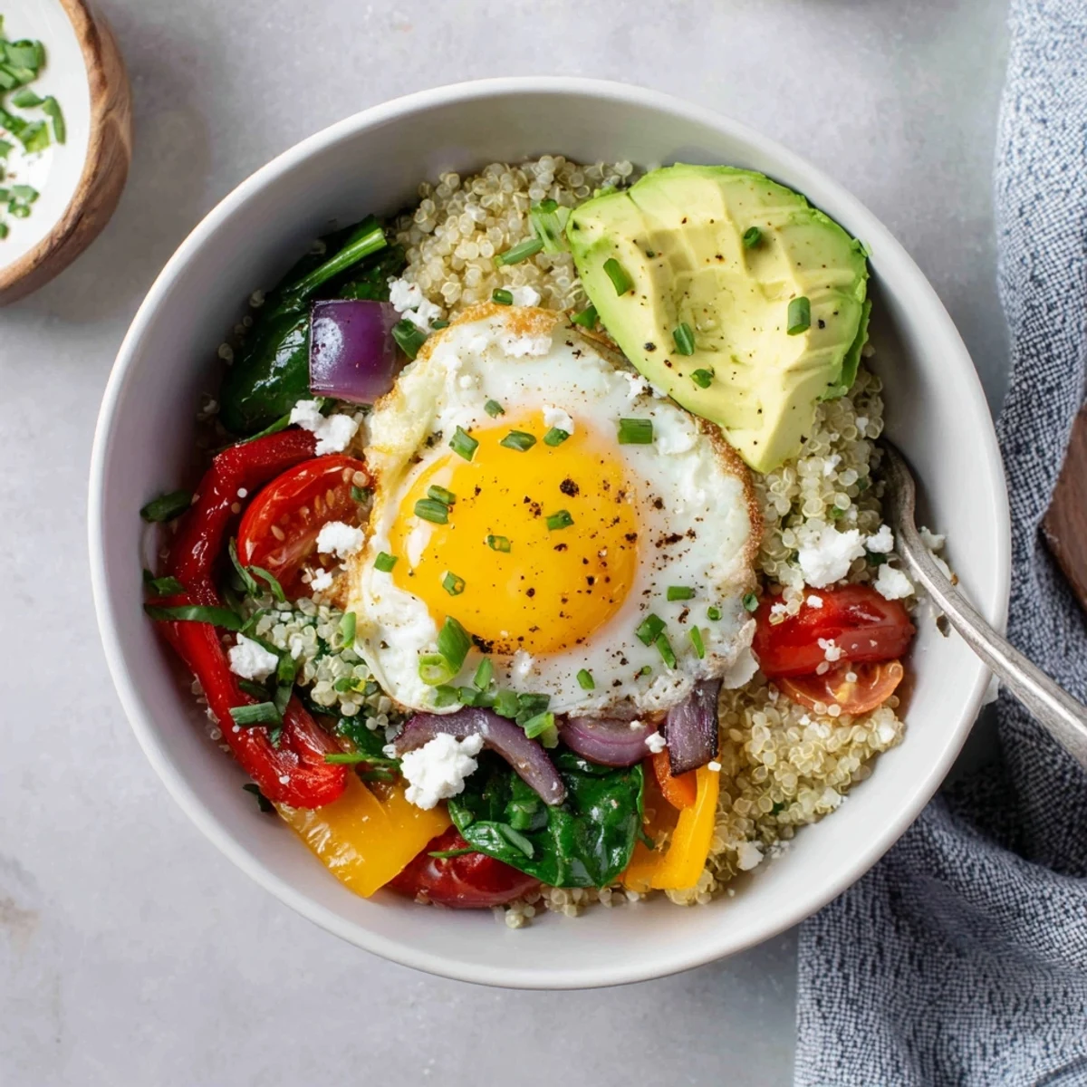 Hearty savory quinoa breakfast bowl featuring spinach, cherry tomatoes, and perfectly cooked sunny-side-up egg