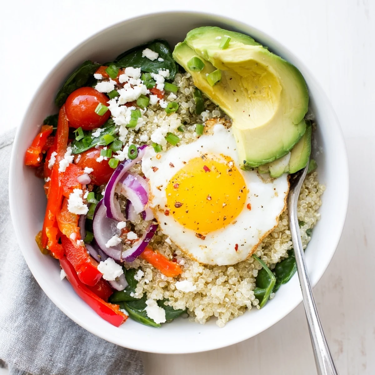Protein-rich savory quinoa breakfast bowl topped with fried egg, diced peppers, and vibrant garnishes
