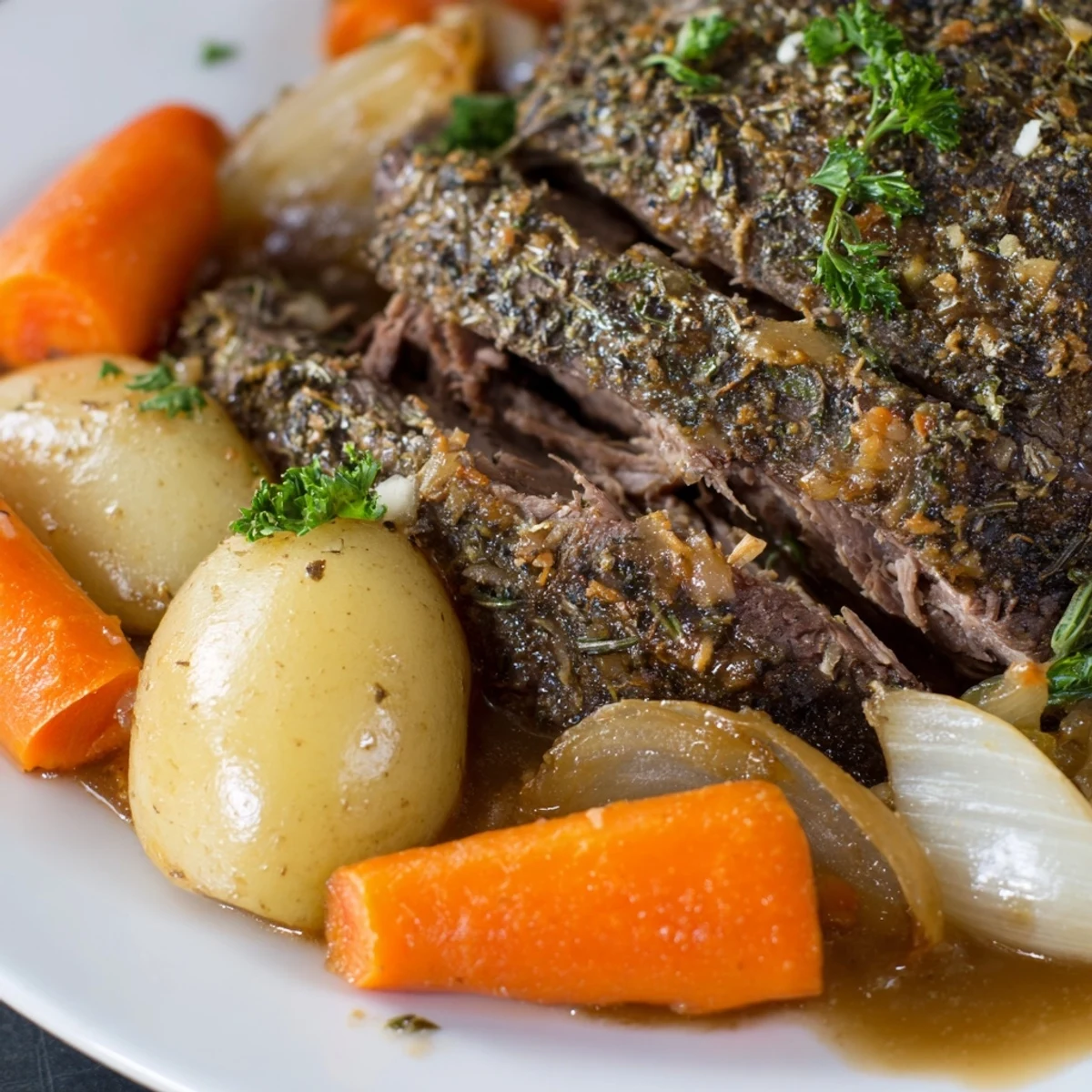 Golden brown beef steaks nestled beside tender baby potatoes in this slow cooker steak and potatoes dish garnished with fresh parsley