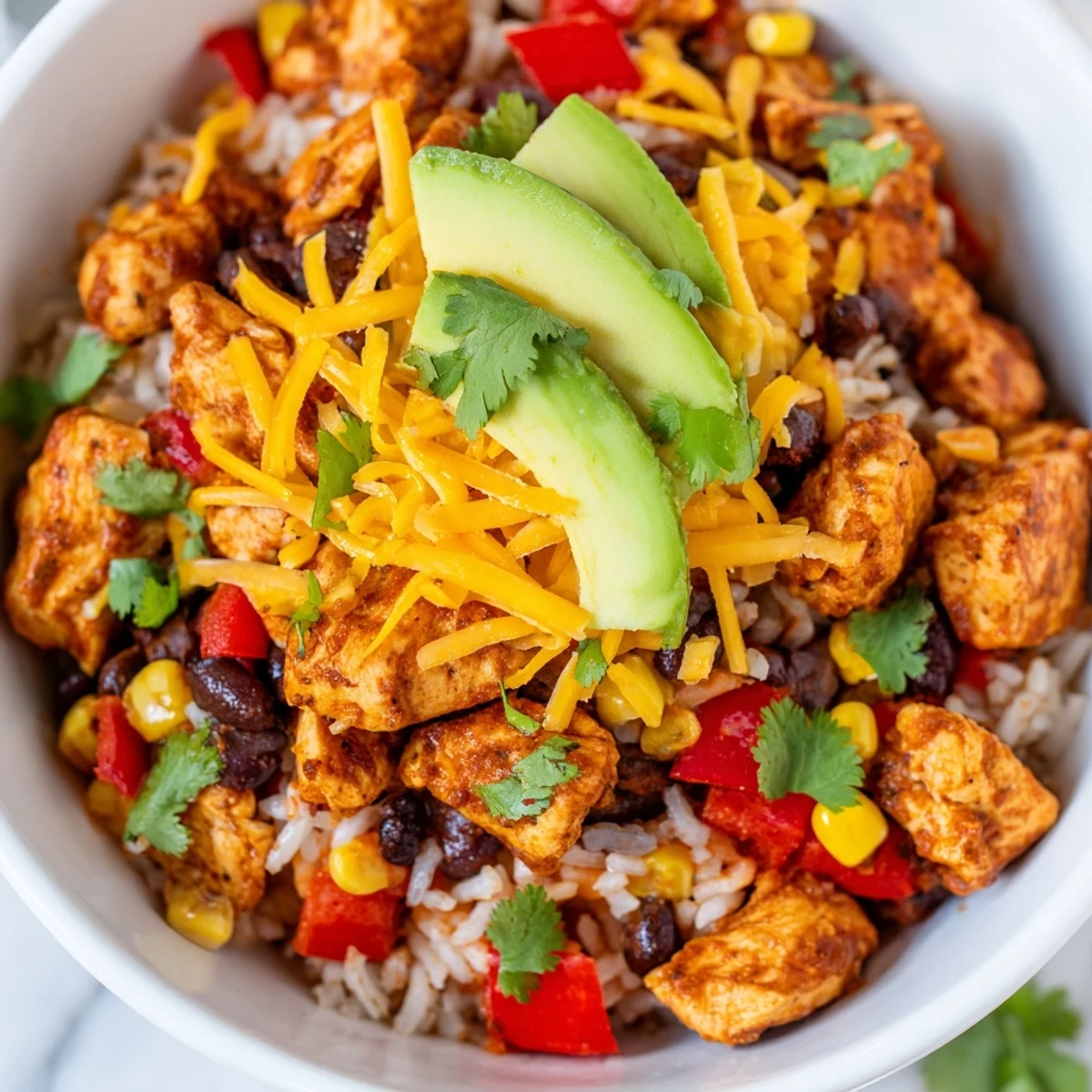 Golden Instant Pot chicken burrito bowls topped with melted cheese, creamy avocado and fresh cilantro