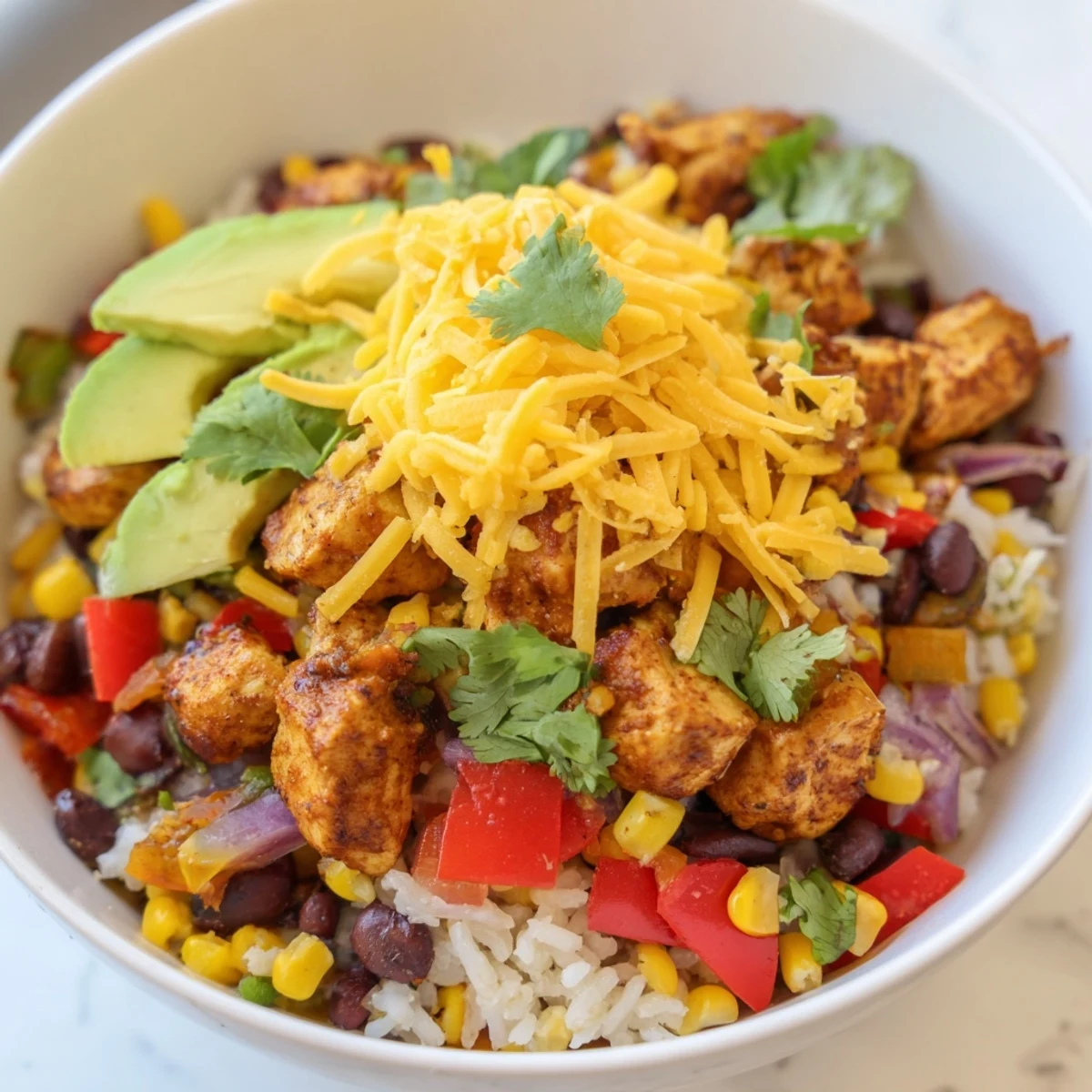 Steamy chicken burrito bowl featuring tender rice, black beans, corn and vibrant red bell peppers