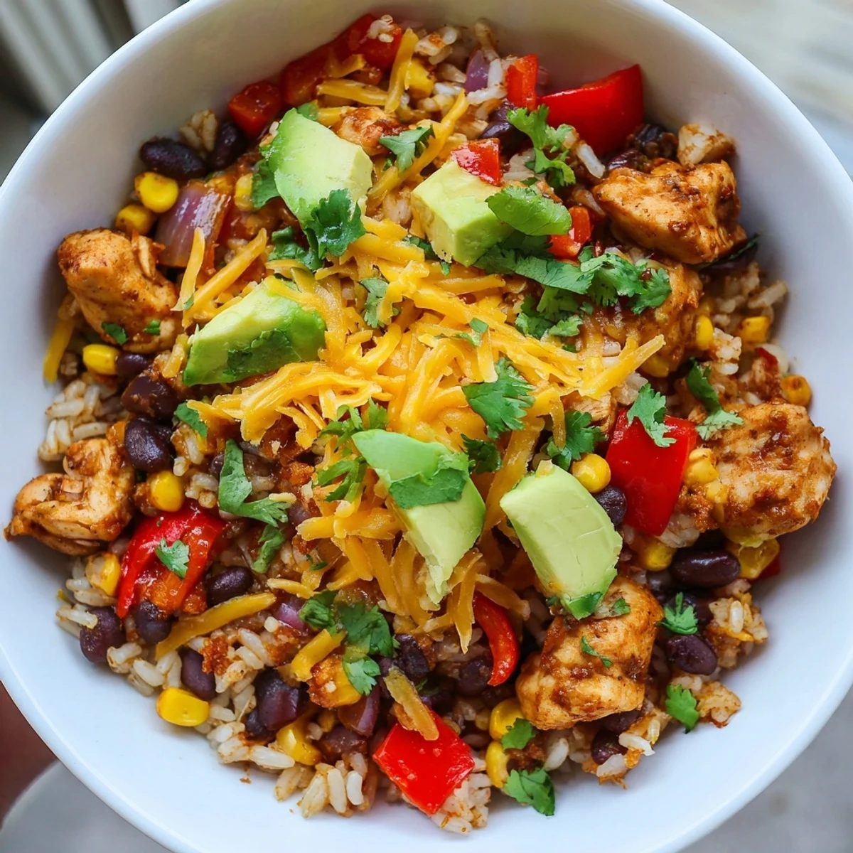 Satisfying Mexican-style burrito bowl with juicy chicken, zesty seasonings and colorful vegetable medley