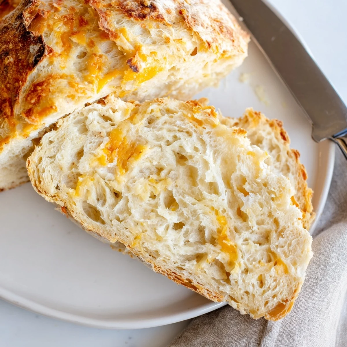 Rustic homemade no knead cheddar bread loaf featuring melted sharp cheddar throughout