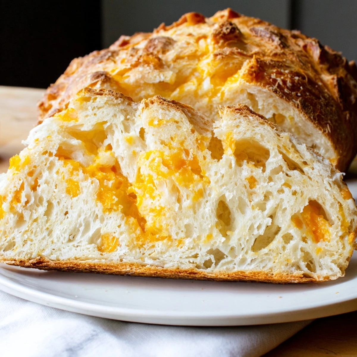 Golden no knead cheddar bread with a crispy crust and tender cheesy interior