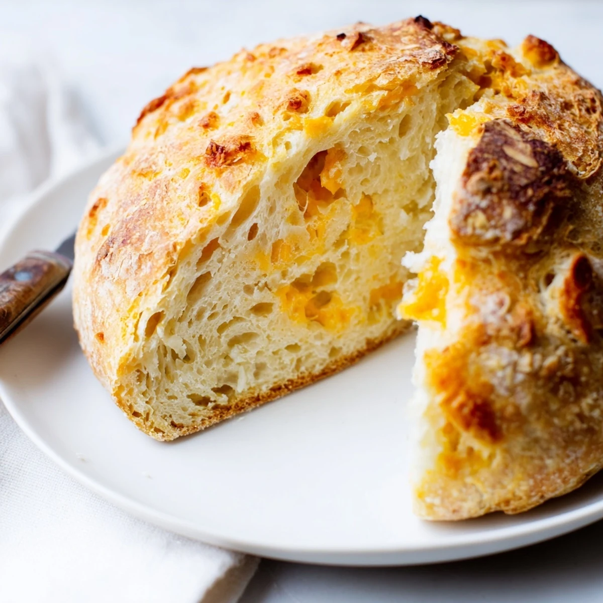 Freshly baked no knead cheddar bread cooling on a wire rack ready for slicing