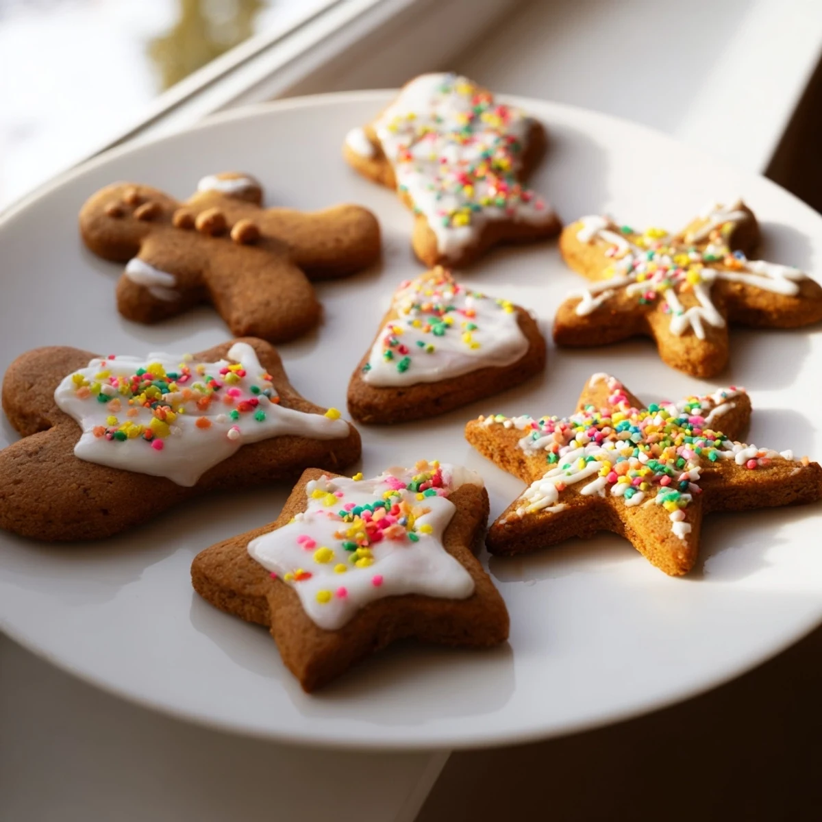 Soft spiced gingerbread cookies shaped like stars and hearts with royal icing details scattered on baking parchment