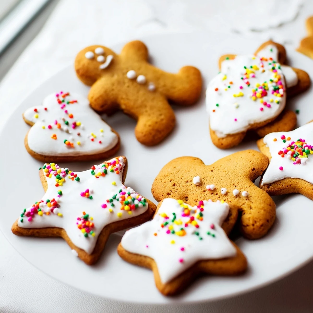 Golden brown classic cut out gingerbread cookies decorated with white icing and colorful sprinkles on a wooden board