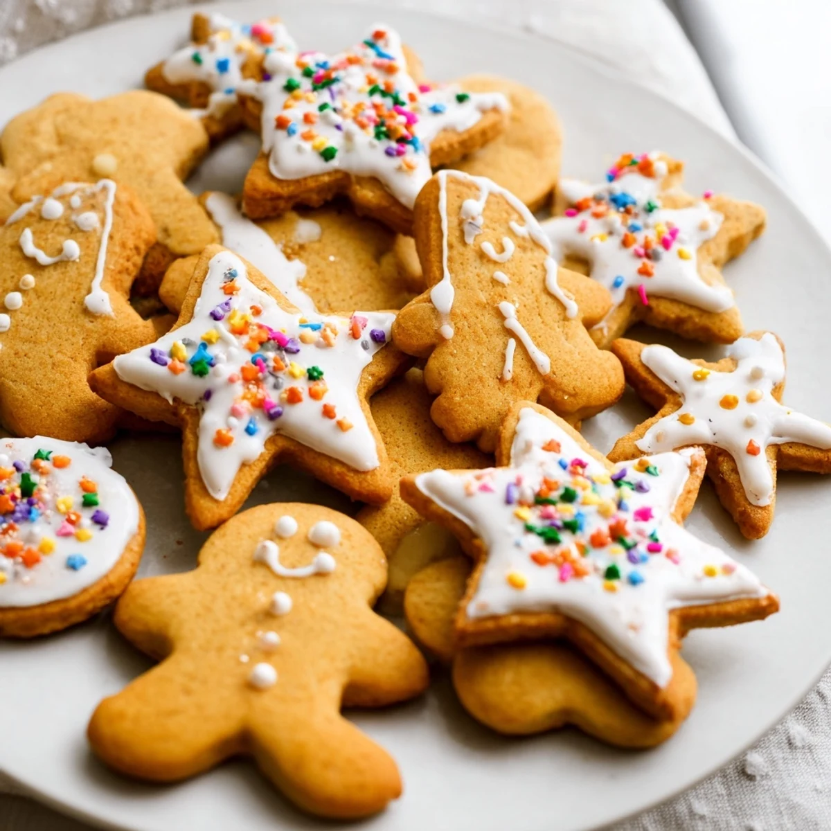 Festive classic gingerbread cut outs topped with powdered sugar glaze and edible pearls arranged on a festive white plate