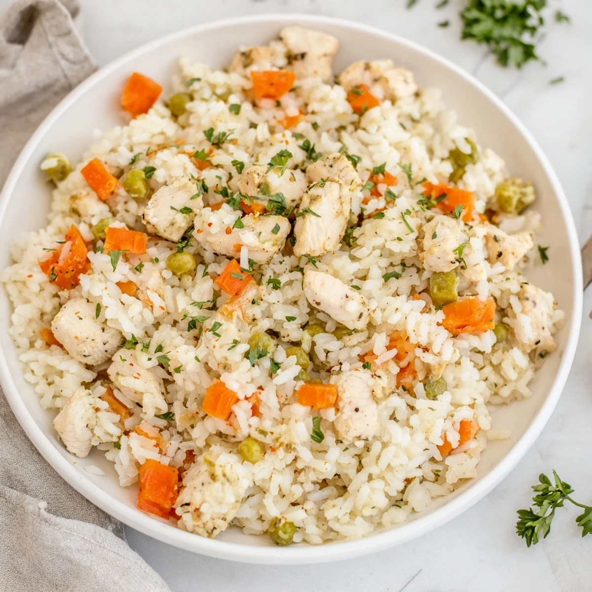 Comforting one-pot Instant Pot chicken and rice bowl garnished with fresh green parsley