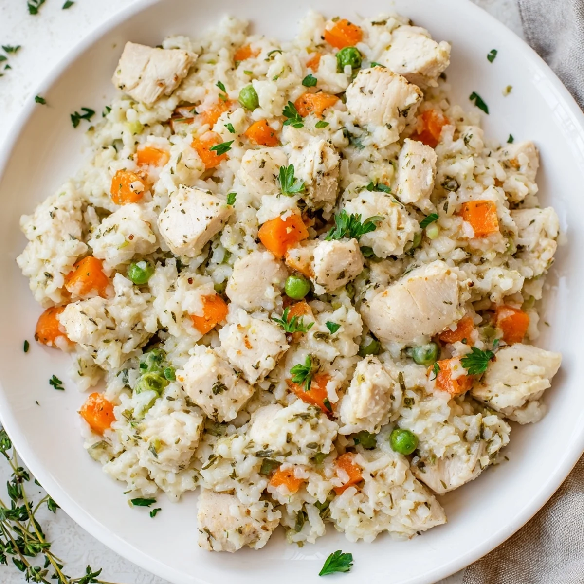 Golden chicken pieces and fluffy rice steaming in an Instant Pot with colorful diced vegetables