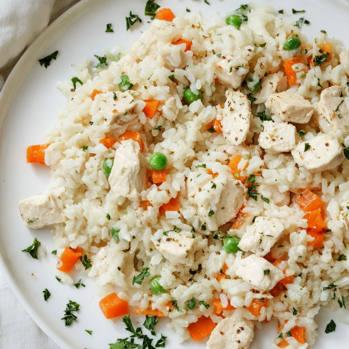 Tender chicken thighs mixed with white rice and carrots in a pressure cooker pot