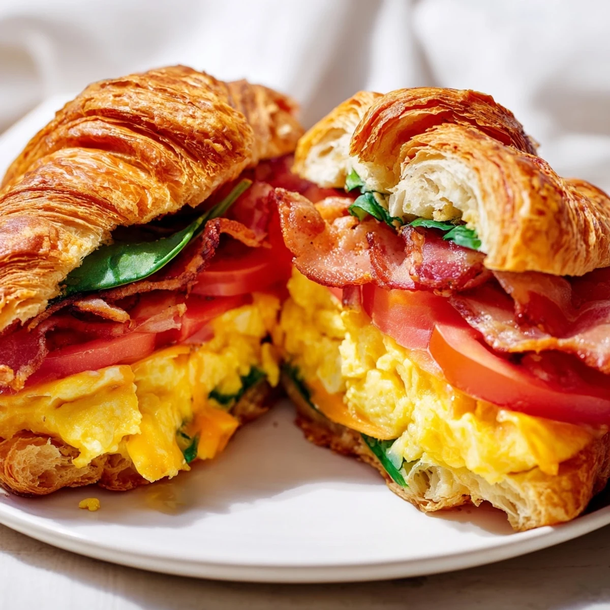 Savory croissant breakfast sandwiches featuring fluffy eggs bacon tomato and warm melted cheese