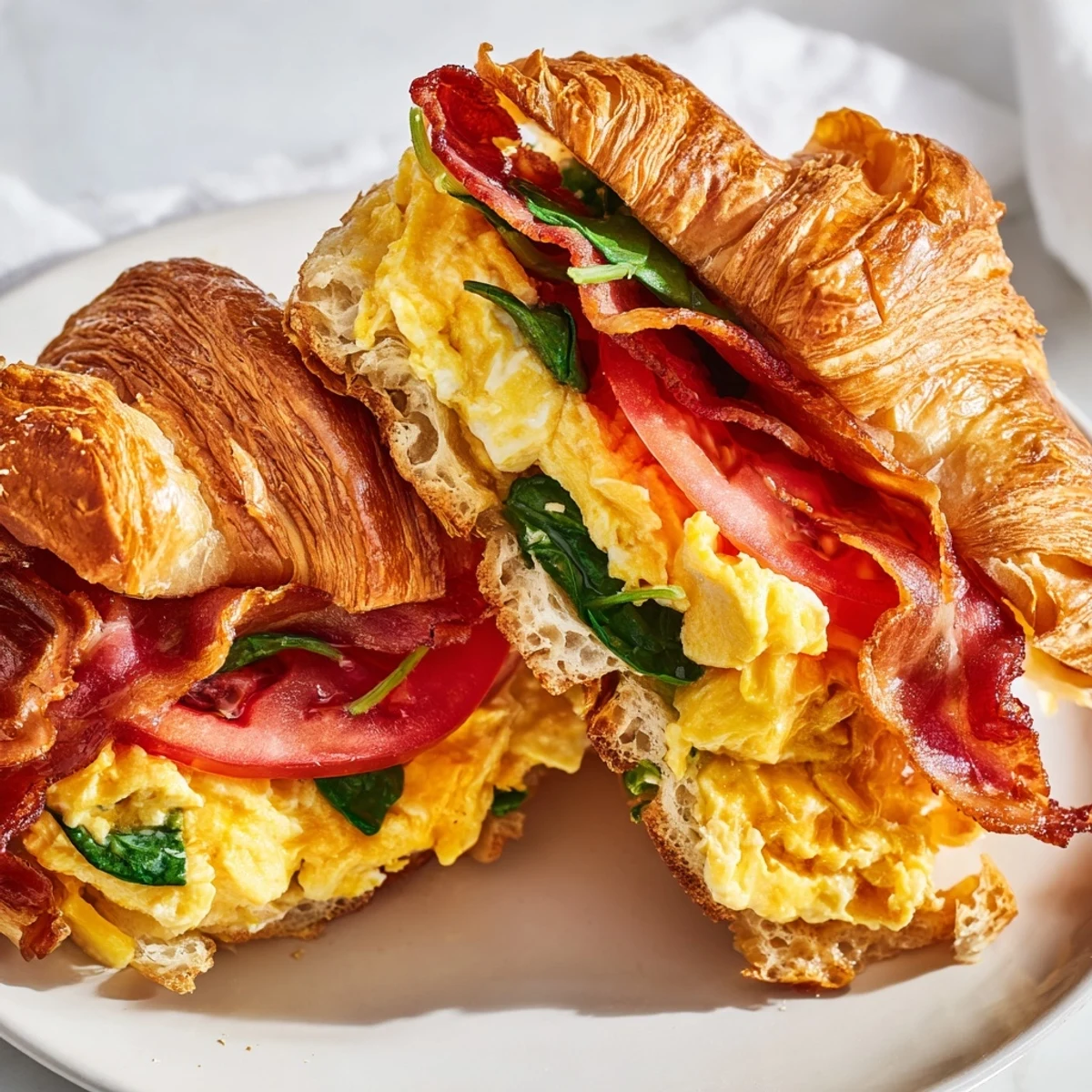 Buttery croissant breakfast sandwiches topped with melted cheddar cheese and fresh spinach