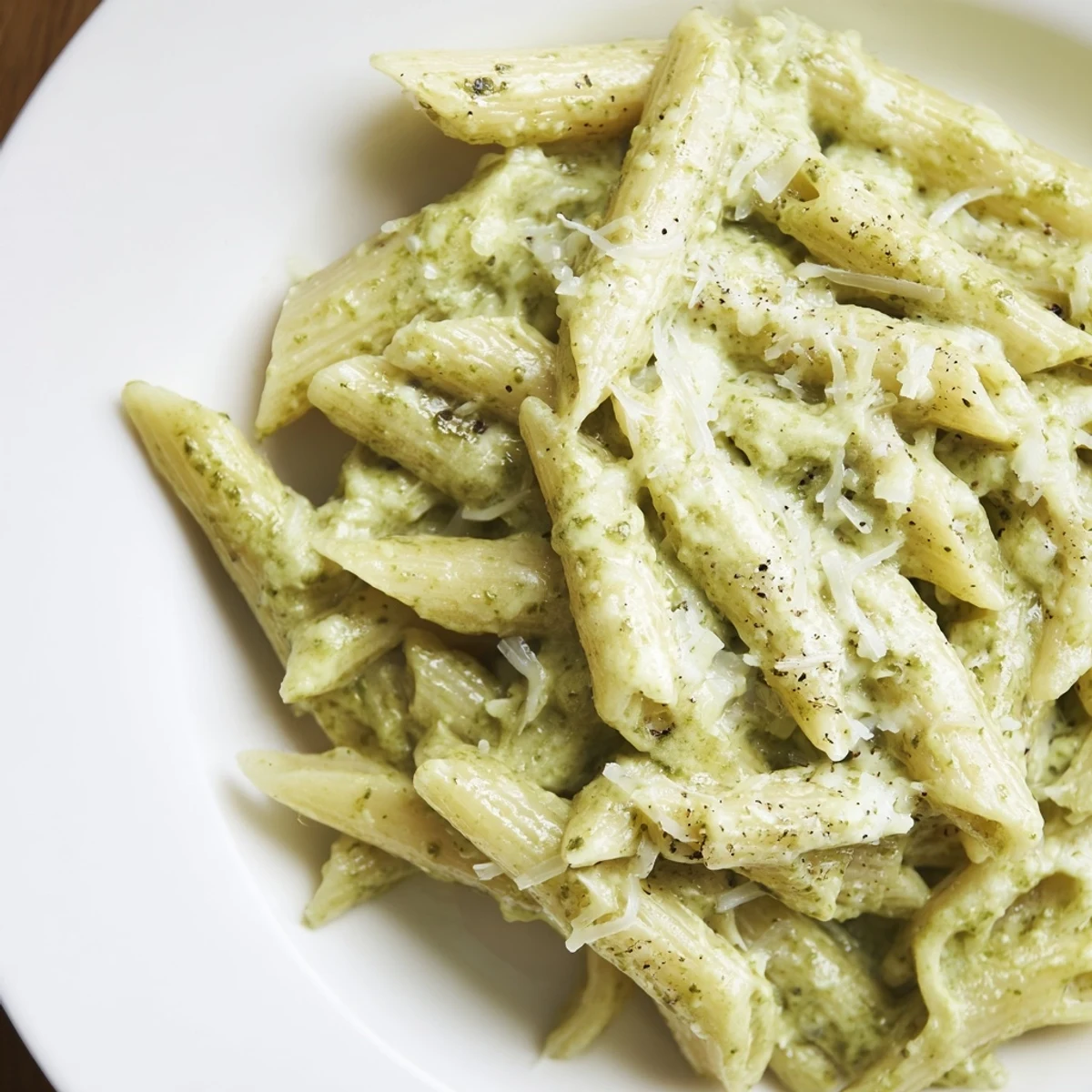 Creamy pesto pasta dish tossed with fresh basil sauce and grated Parmesan cheese