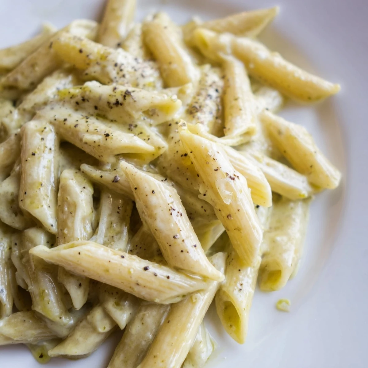 Bowl of creamy pesto pasta garnished with fresh basil leaves and extra cheese