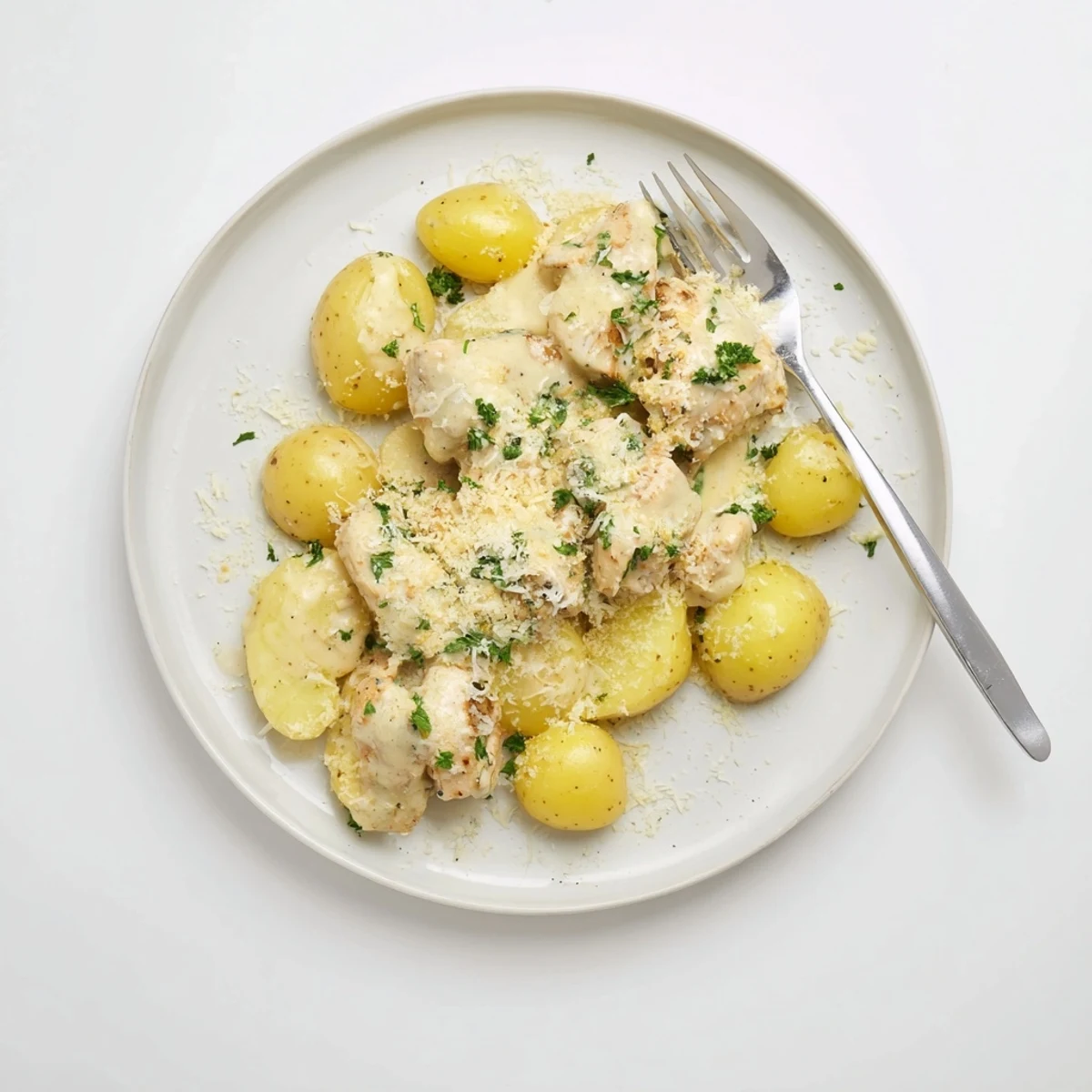 Golden slow cooker garlic parmesan chicken with tender baby potatoes and melted cheese garnish