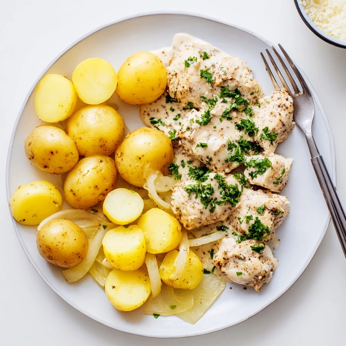 Comforting crockpot chicken dish with crispy parmesan topping over soft potatoes and fresh parsley