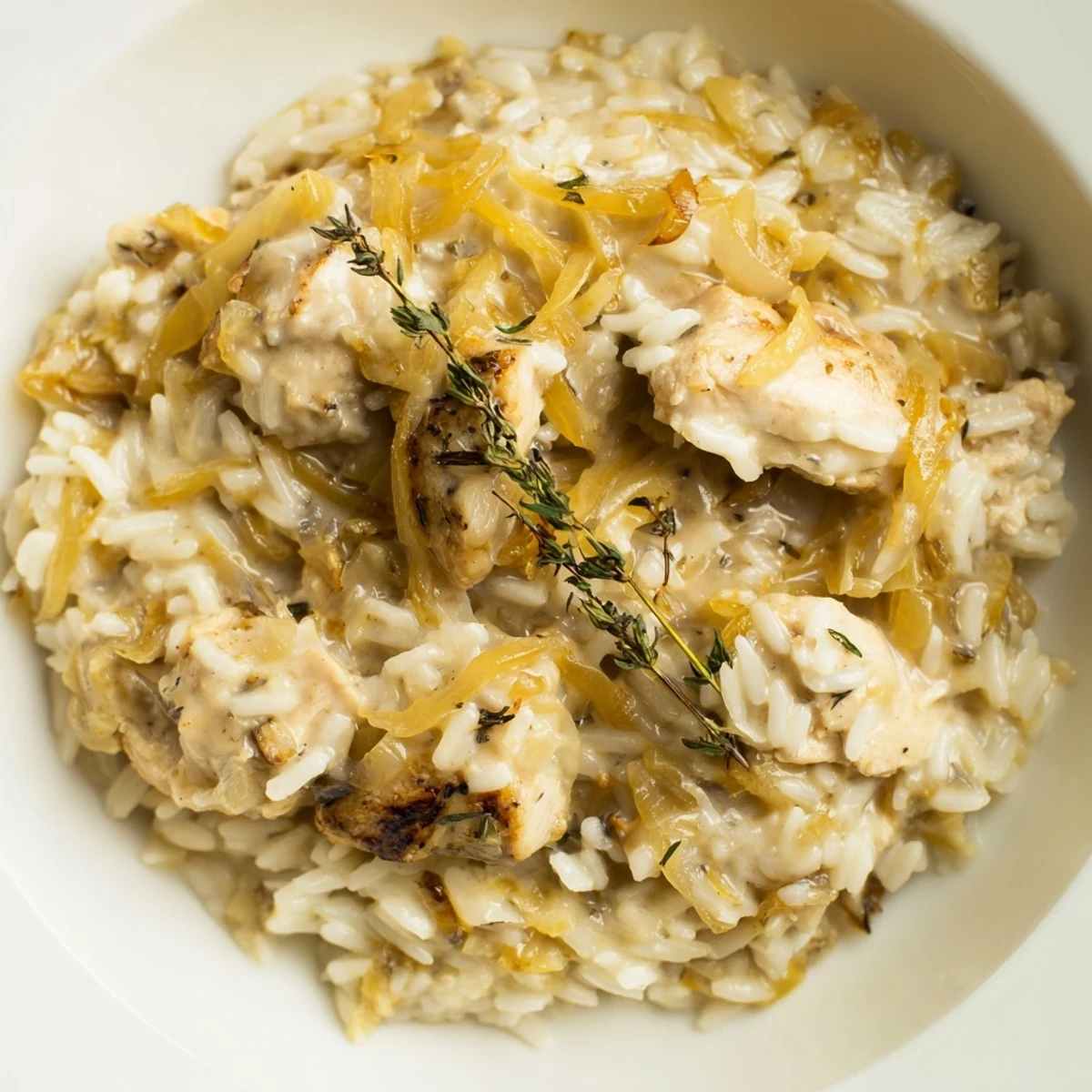Golden cheesy French onion chicken rice dish garnished with fresh thyme leaves