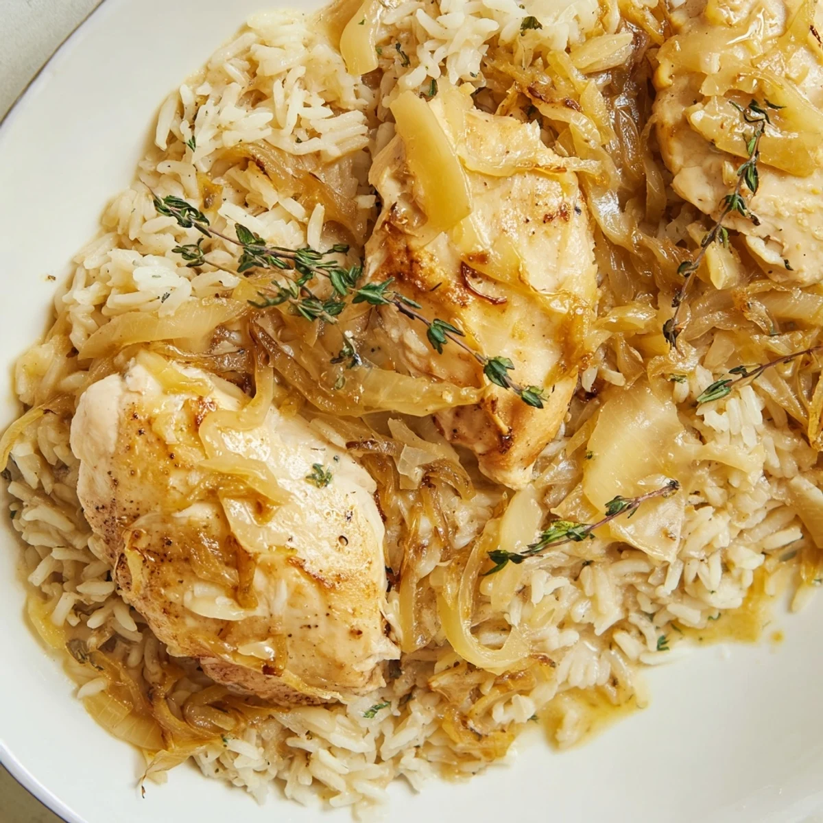Creamy one pot French onion chicken with caramelized onions and melted Gruyère cheese