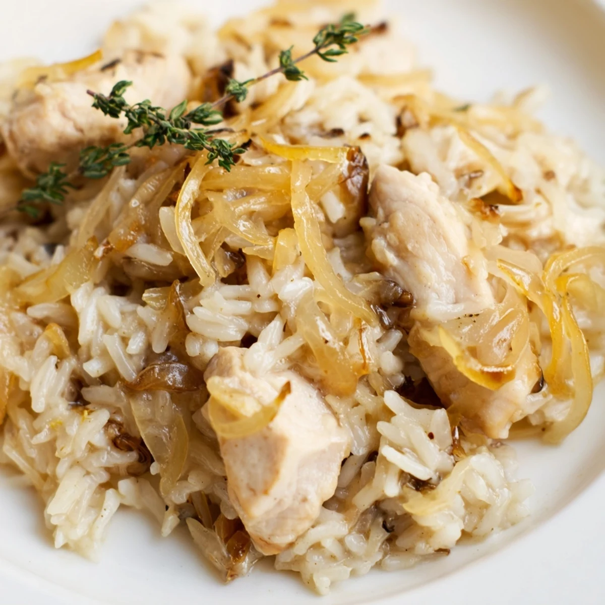 Tender chicken breasts served over French onion rice in rich white cream sauce