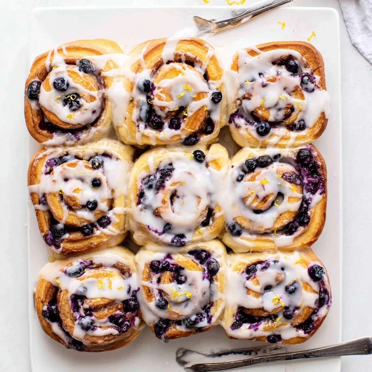 Soft sweet rolls spiraled with juicy blueberry lemon filling and topped with creamy white lemon glaze