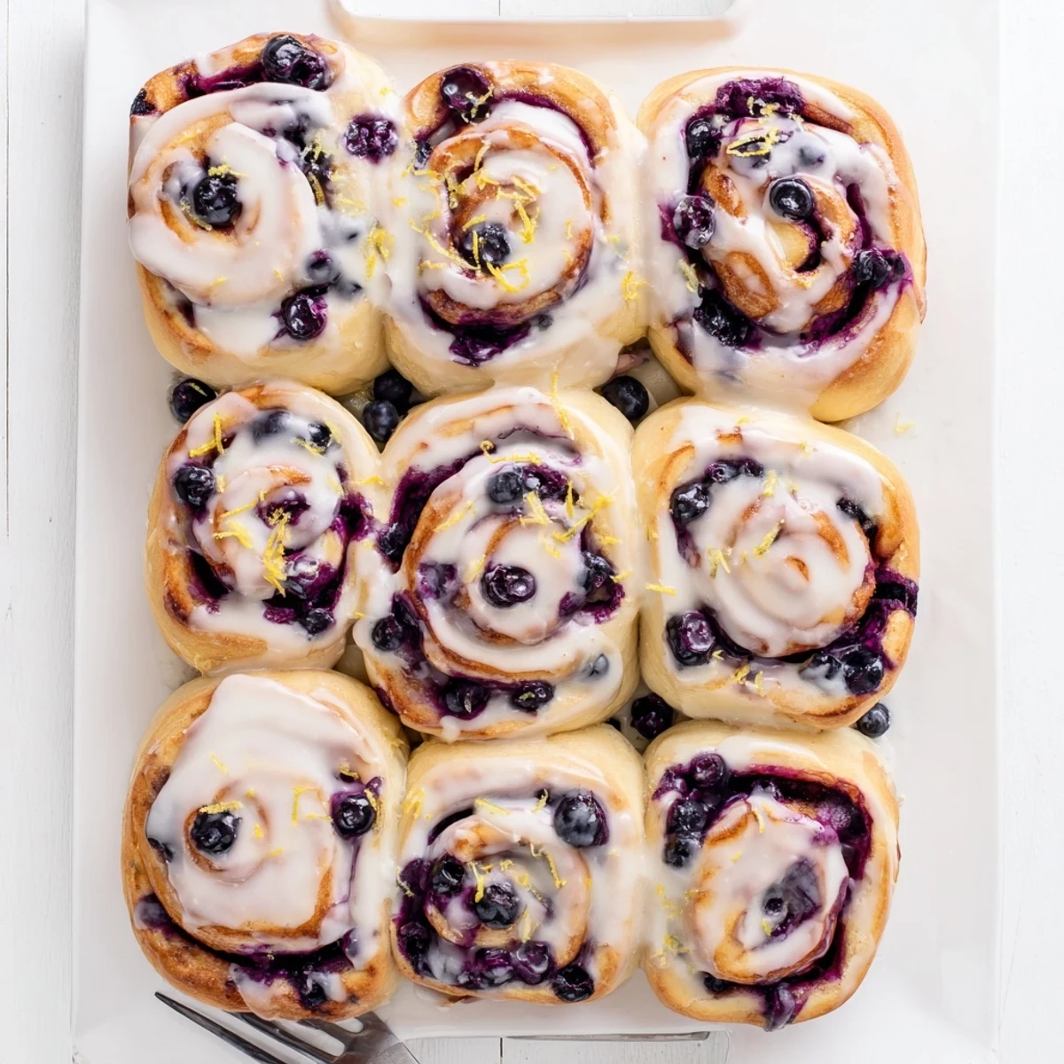 Breakfast pastry tray displaying warm glazed rolls stuffed with tart blueberries and bright citrus zest