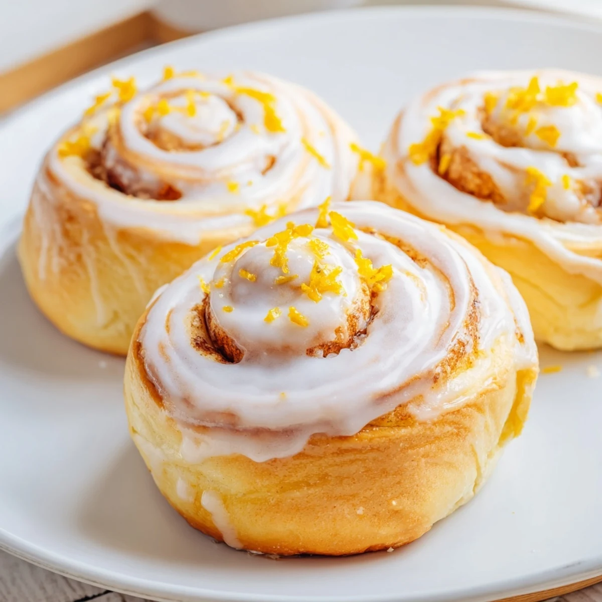 Warm lemon breakfast pastry spirals covered in creamy glaze ready for serving