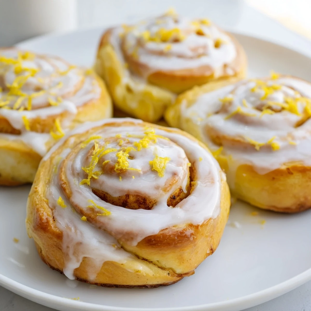 Soft fluffy lemon rolls topped with sweet white icing and fresh zest garnish