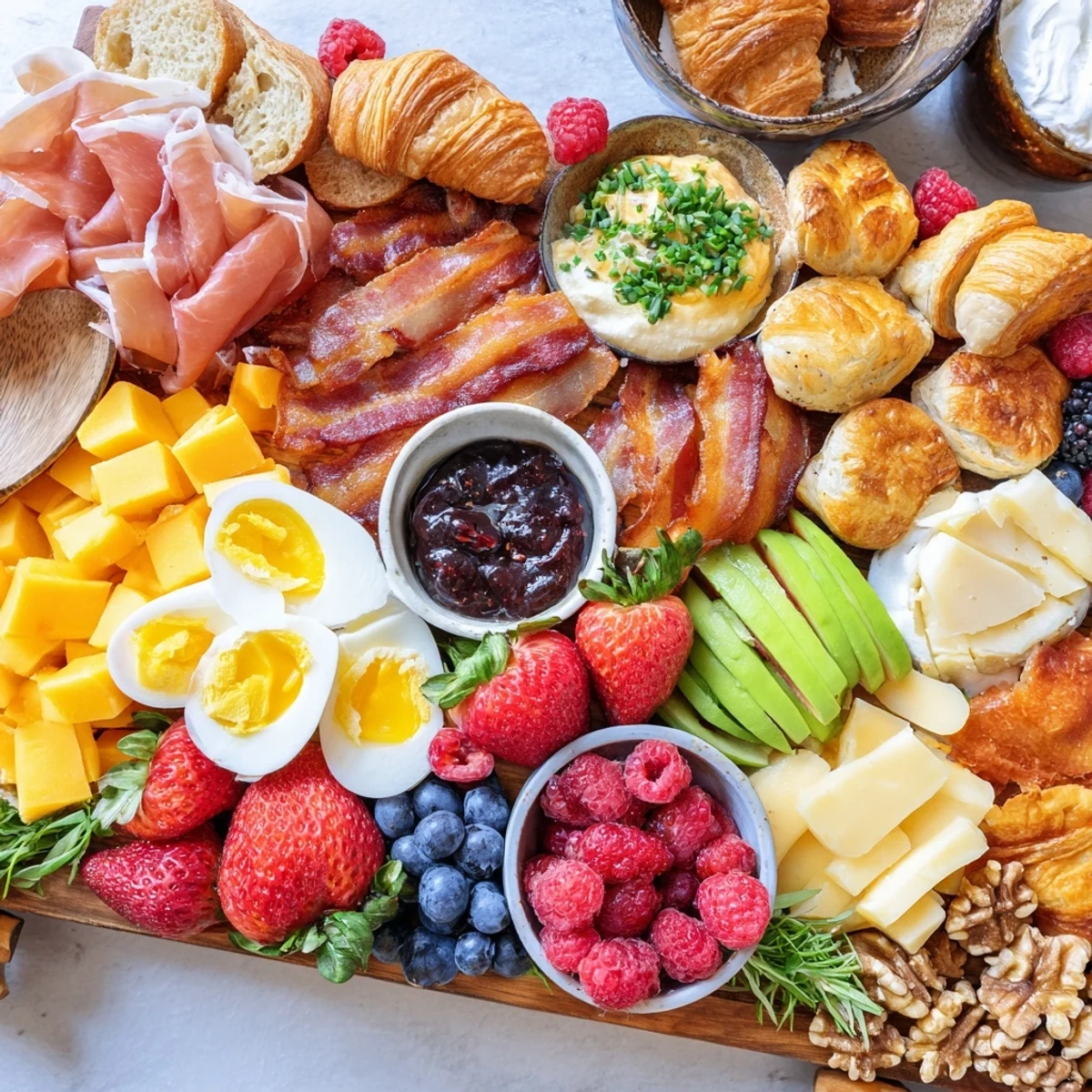 A vibrant breakfast charcuterie board arranged with cured meats, cheeses, fresh berries, and pastries on a wooden serving platter