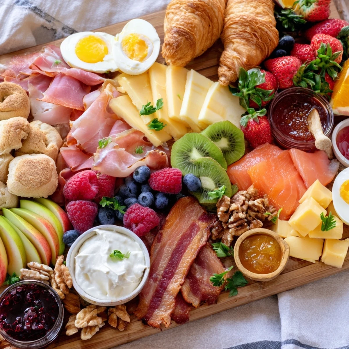 Guests gather around a loaded breakfast charcuterie board featuring smoked salmon, brie, croissants, and colorful seasonal fruits