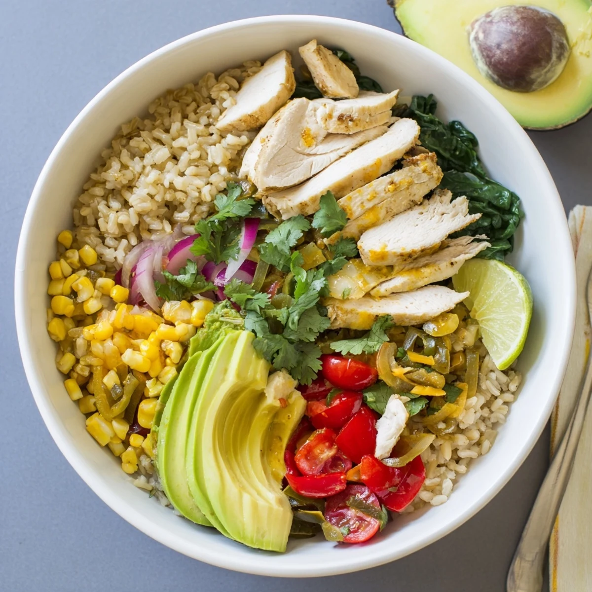 Colorful Southwest spice green chile bowl topped with avocado, cilantro, and melted cheese over seasoned rice and tender spiced chicken