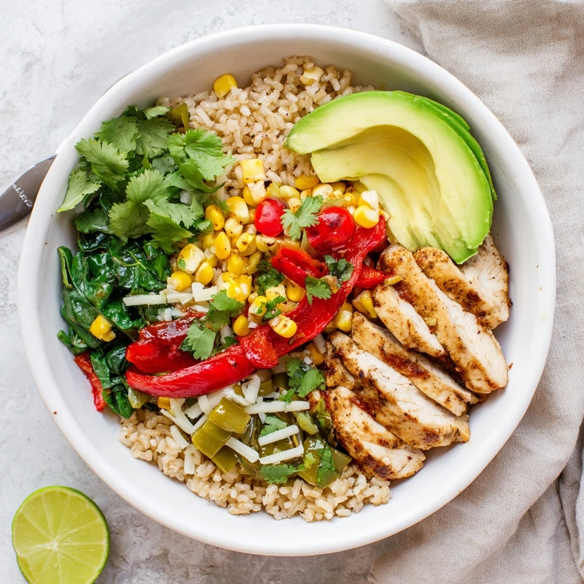 Hearty Southwest spice green chile bowl featuring roasted green chiles, corn, bell peppers, and juicy chicken served with lime wedges